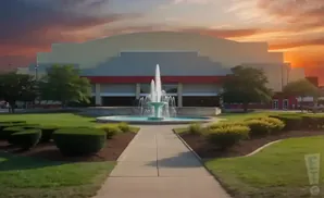 A large building with a fountain and manicured lawns under a colorful sunset sky.