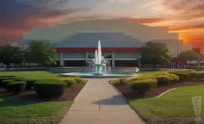 A multi-tiered building with a red stripe and a large fountain in front.