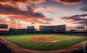 A baseball stadium at sunset with a fiery orange sky and players on the field.