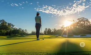 Golfer on a sun-drenched course, facing away from the camera, ready to tee off.
