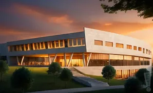A modern building with large windows and a curved facade at sunset.