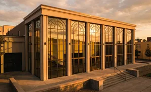 Building with arched windows reflecting the sunset.