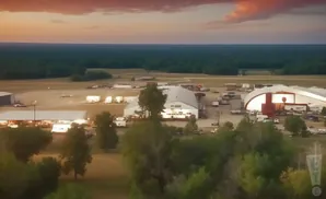 An aerial view of a large event venue with tents, trailers, and trucks at sunset.