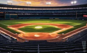 A baseball stadium at sunset, with the field lit and the sky ablaze with orange and purple hues.