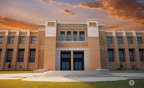 A large brick building with many windows under a dramatic sunset sky.