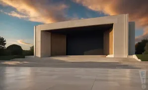A modern, light-colored building with large wooden doors opens to a dark interior, with steps leading up to it.