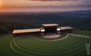 Aerial view of an outdoor amphitheater with a stage at sunset.