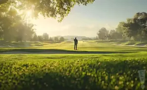 A golfer stands on a manicured golf course in the soft morning light.