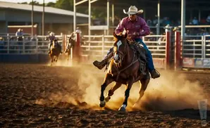 A cowboy rides a brown horse in a dusty rodeo arena, kicking up dirt as they move.