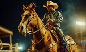 A cowboy rides a brown horse at night under arena lights.
