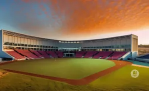 Baseball stadium with red seats and green field under a dramatic orange sunset sky.