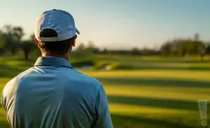 A golfer in a blue shirt and white cap looks out over a sunny golf course.