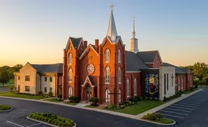 An aerial view of a red brick church with a steeple at sunset, featuring stained glass windows and a parking lot.