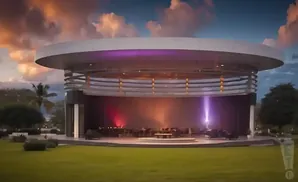 An outdoor amphitheater with a curved roof illuminated by purple and pink stage lights.