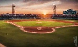 A baseball stadium at sunset, with a batter on the mound and stadium lights illuminated.