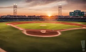 A baseball field at sunset, with lights and scoreboard visible.