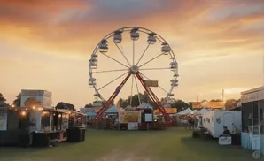 A Ferris wheel and food stalls at a fair under a sunset sky.