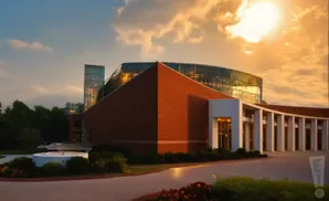 A modern brick and glass building with a circular glass section at sunset.