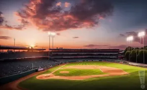 A baseball stadium at sunset with a fiery orange and pink sky and bright stadium lights.
