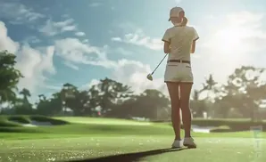 Golfer in white outfit on a sunny golf course, preparing to swing.