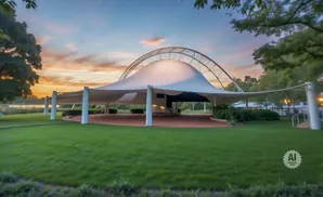 An outdoor amphitheater with a white tent canopy under a colorful sunset sky.