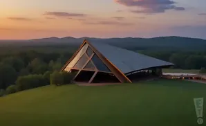 A striking triangular building with glass walls sits on a grassy hill at sunset.