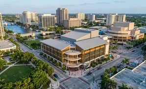 Aerial view of a modern performing arts center and surrounding buildings in a city with a river and bridges.