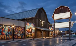 Barn-style building with Western murals and longhorn skulls. Features a marquee with blank signs.