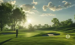 A golfer putts on a lush green golf course at sunrise.
