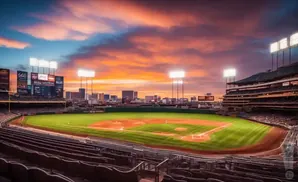 A baseball stadium during a vibrant sunset, with the outfield illuminated by stadium lights.