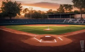 Baseball stadium at sunset with a lone pitcher on the mound.