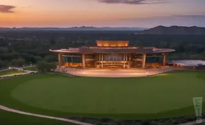 An aerial view of a circular, modern building with glowing windows, set against a sunset and rolling hills.