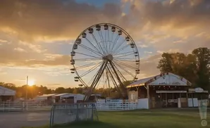 Ferris wheel at a carnival at sunset, with tents and trees in the background.