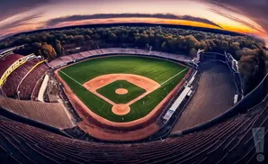 Aerial view of a baseball stadium at sunset with a tree line and dramatic sky.