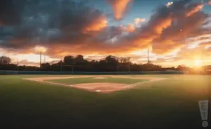 A baseball field at sunset with dramatic orange and dark clouds.