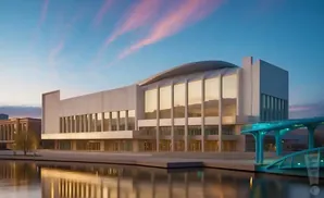 Modern building with large windows and a curved roof, reflecting in the water below at sunset.