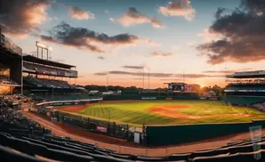 A baseball stadium at sunset with dramatic clouds.