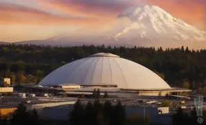 A large white dome stadium sits in front of a snow-capped mountain under a colorful sunset sky.