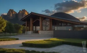 Modern building with wooden beams and glass walls, set against dramatic mountains at sunset.