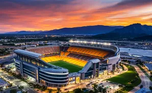 Stadium at sunset with orange sky and mountains in the background.