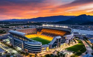 Aerial view of a modern stadium at sunset, with a vibrant orange sky and mountains in the background.