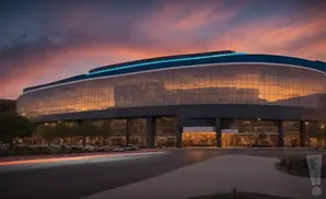A modern glass building with a blue accent strip at sunset.