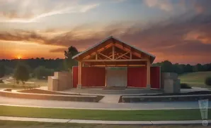 Outdoor amphitheater at sunset with red curtains and a wooden stage roof.