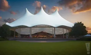 An outdoor amphitheater with a white tent-like roof and a grassy lawn in front at sunset.