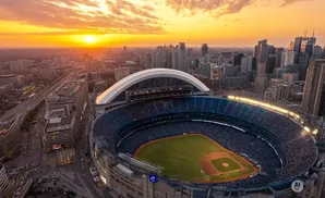 Aerial sunset view of a baseball stadium in a city skyline, with the sun low on the horizon.