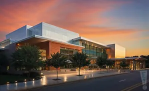 Modern convention center with glass facade and wood accents at sunset.