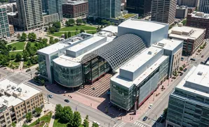 Aerial view of a modern convention center with a glass-arched roof, surrounded by city buildings and green spaces.