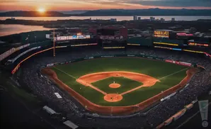 Aerial view of a baseball stadium at sunset with a city skyline and mountains in the background.