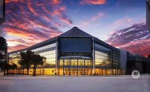 Modern glass building with a pyramid roof against a vibrant sunset sky.