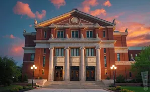 A grand brick building with a circular clock on its facade stands against a vibrant sunset sky.